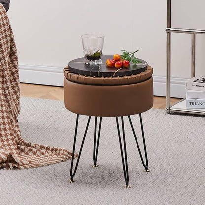 Cpintltr Faux Leather Storage Ottoman Round Footrest Stool Multifunctional Upholstered Ottoman with Metal Legs Modern Vanity Stools Tray Top Coffee Table Suitable for Living Room Bedroom Black