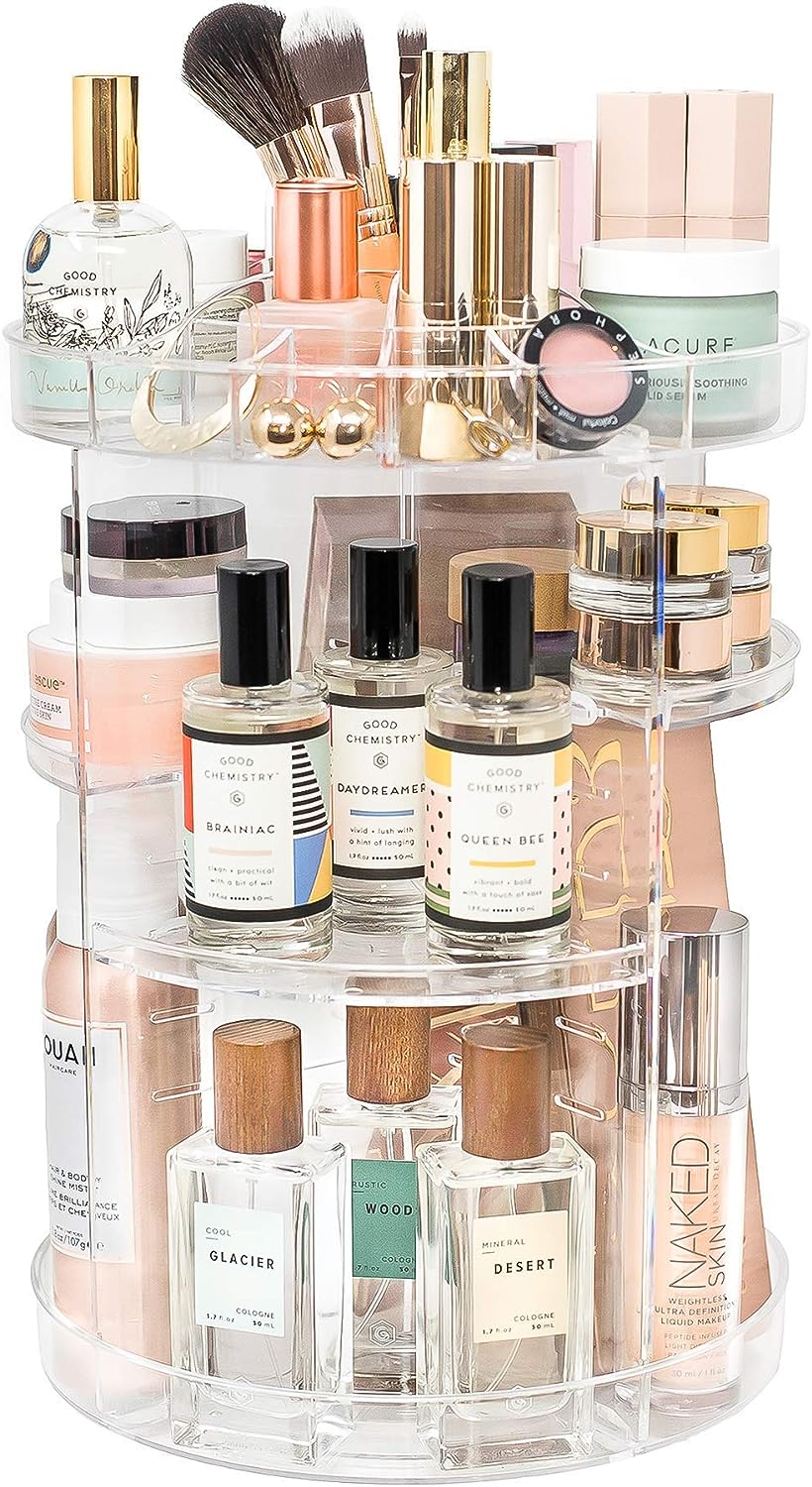 Rotating Makeup Organizer by Tranquil Abode | 360 Spinning Storage Display Case | Clear Acrylic Vanity & Bathroom Organizer for Skincare, Perfume, Cosmetic, Beauty, Make up and Essential Oil Products