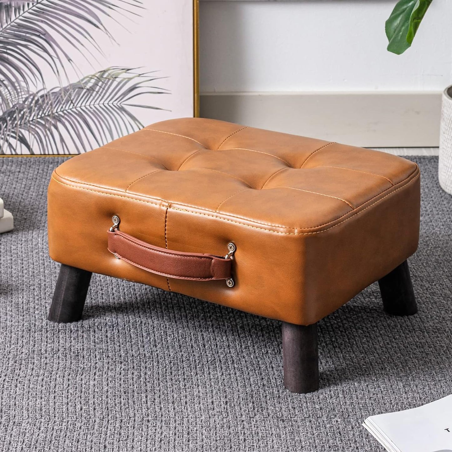 Small foot stool ottoman, Beige PU leather rectangle ottoman footrest, bedside step stool with wood legs, small Rectangular stool, foot rest for couch, small ottoman for desk, living room, bedroom