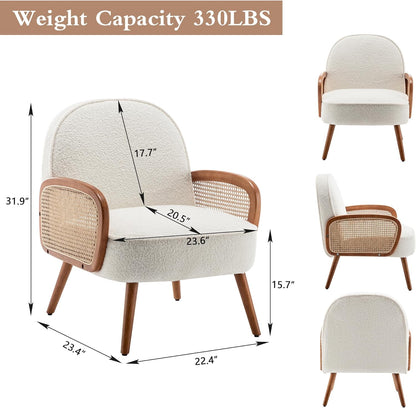 Aklaus Mid Century Modern Accent Chair Armchair with Rattan Arms Upholstered Rattan Hobo Accent Chairs for Living Room Bedroom Balcony Sherpa Teddy Fabric Reading Chairs Side Club Chair White