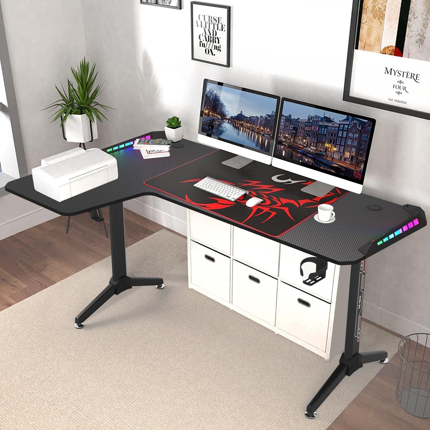 L-Shaped Gaming Desk Computer Workstation: 160 x 100cm Large Corner Game Table Carbon Fiber Black Desktop Gamer Desks with 6 Colors 8 Modes RGB Light Cable Management Box Headphone Hook and Cup Holder