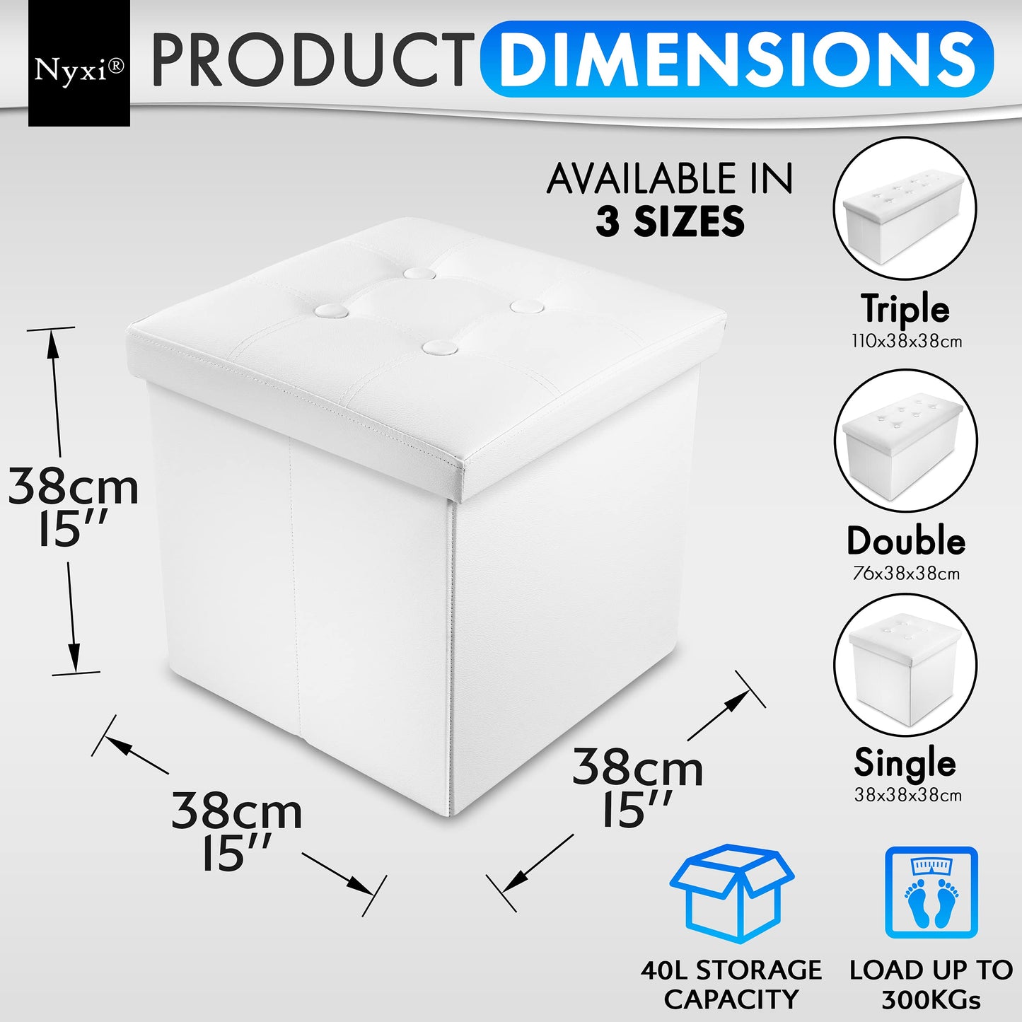 Nyxi Faux Leather 110 * 38 * 38cm White Ottoman Foldable Storage Boxes Seat Foot Stool Storage Box with Lids for Kids Toys, Bedroom, Hallway, Living Room…