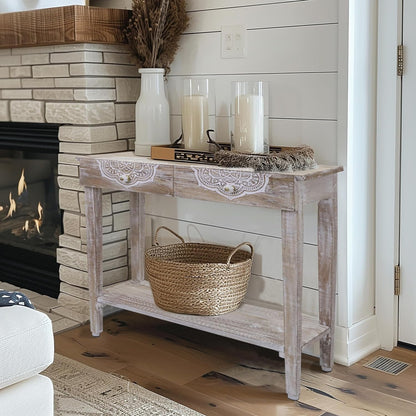 COTTON CRAFT Solid Wood Accent End Table - Hand Carved Vintage Boho Folding Side Table - Small Spaces Entryway Farmhouse Living Room Bedside - No Tools Assembly -18x18 Round - Jaipur Antique Brown