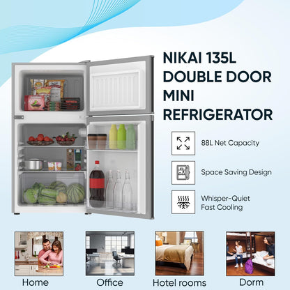 Nikai 135L Gross/88L Net, Small Double Door Mini Refrigerator with Vegetable Crisper & Adjustable Glass Shelves, Defrosting, Mini Fridge for Home, Kitchen, Bedroom, Office & Hotels NRF135DDS Silver