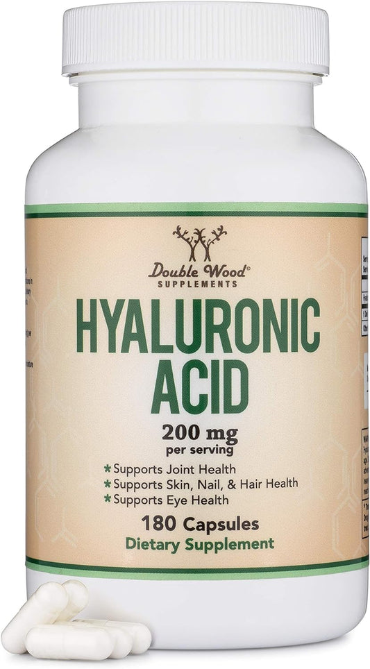 Hyaluronic Acid Supplement -180 Capsules (Enhances Effects of Hyaluronic Acid Serum for Face) 200mg Per Serving for Skin and Face Aging Support by Double Wood Supplements (Acido Hialuronico)