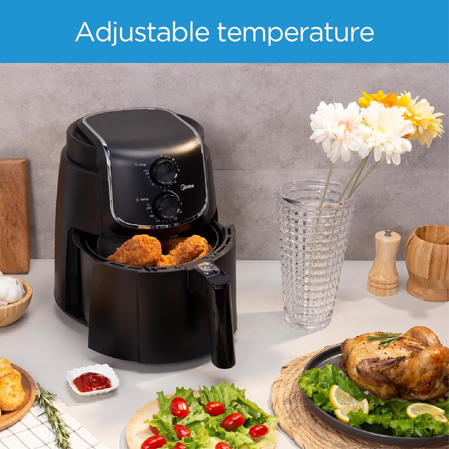 Midea 4.7L XL Digital Air Fryer 1500W with Dual Cyclone Rapid Hot Technology for Frying, Grilling, Broiling, Roasting, Baking, Toasting, Timer up to 60 minutes Temperature Control up to 200°C-MFCN40D2