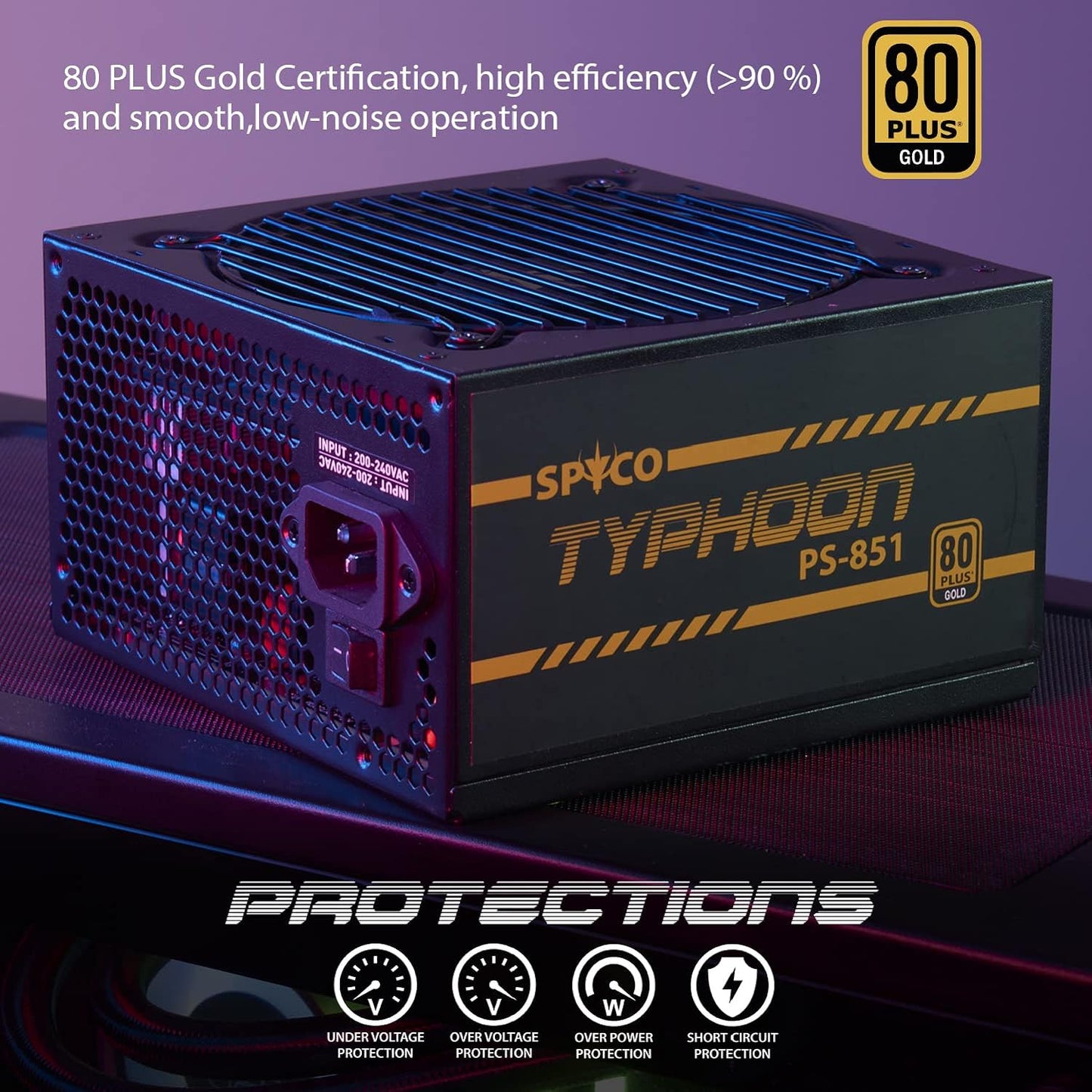 SPYCO Typhoon PS-851, Gaming PSU 850W, 80 PLUS Gold, Full Modular, Low Noise, ATX Power Supply Unit, Super Silent Fan, 105°C Capacitors, Flat Cables, Compact, 5 Years Warranty - CaveHubs