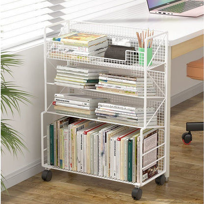 4-Tier Bookshelf with Wheel, Metal Book Storage Shelves Floor Standing Bookcase Grids Storage Books Holder Storage Rack Modular Bookshelf,Removable Book Rack for Office Home School (65×40×18CM)