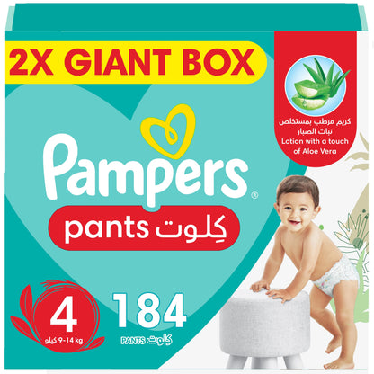 Pampers Baby-Dry Pants Diapers with Aloe Vera Lotion, 360 Fit & up to 100% Leakproof, Size 4, 9-14kg, 4 Mega Packs, 208 Count