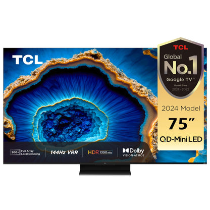 TCL 75 Inch TV, 4K QD-Mini LED, Smart TV, Google TV, Game Master 2.0, Dolby Vision IQ-Atmos HDR 1300 nits peak IMAX Enhanced 144HZ VRR - 75C755