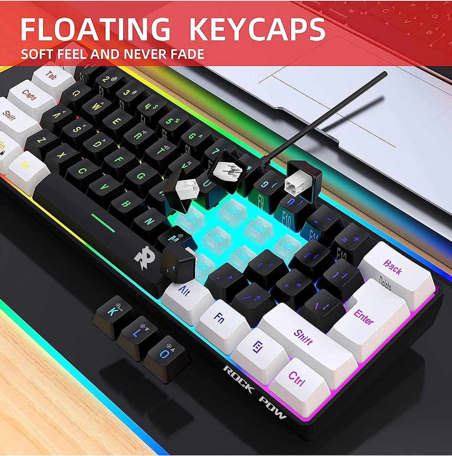 ROCK POW 60% Wired Gaming Keyboard, Small RGB Backlit Membrane Gaming Keyboard, Ultra-Compact Mini Waterproof Keyboard for PC Computer Gamer White and Black