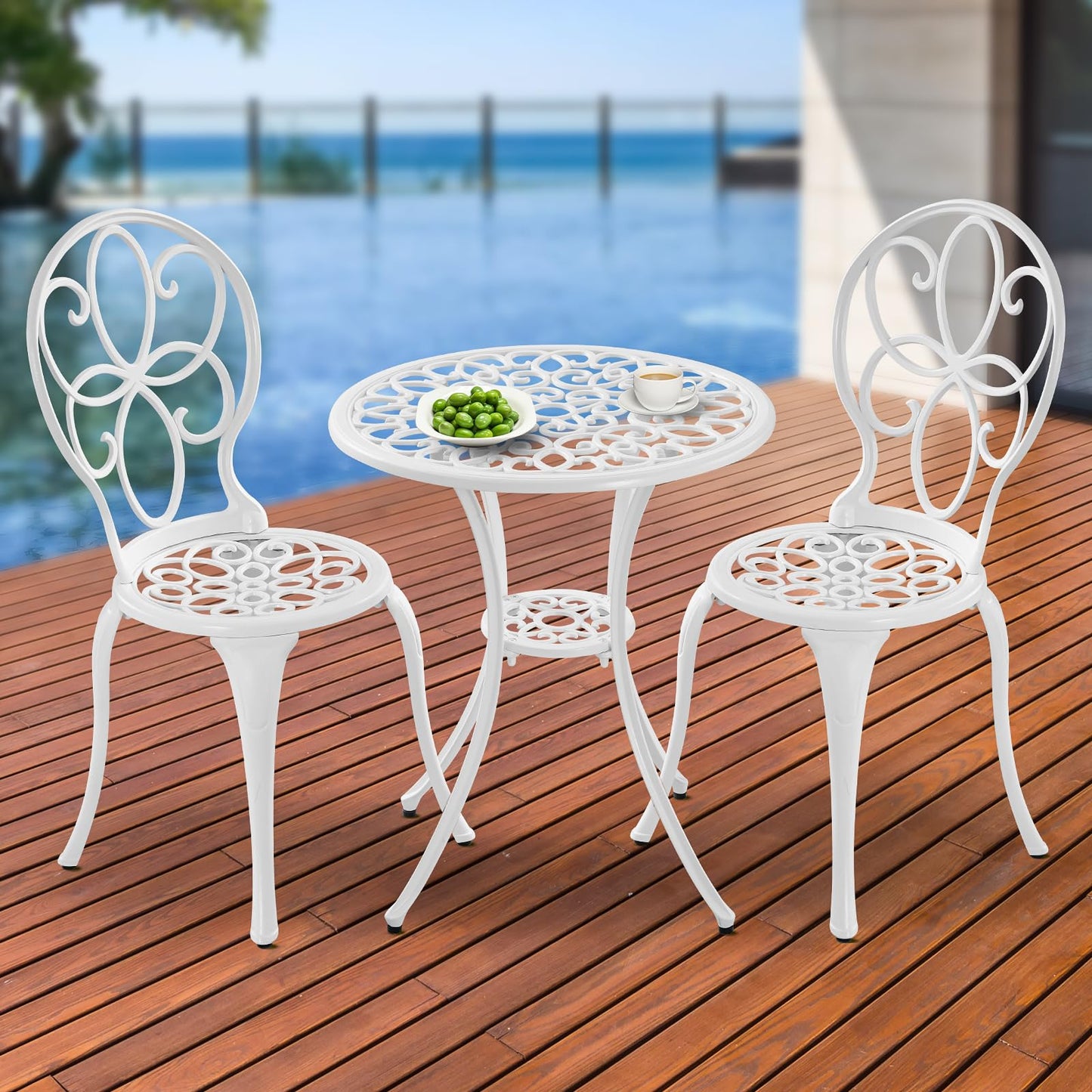 Withniture Bistro Table and Chairs Set of 2, White Metal Patio Bistro Set 3 Piece Outdoor Table Chairs with Umbrella Hole, Cast Aluminum Patio Furniture Set for Garden Porch