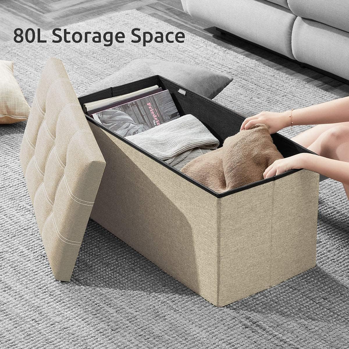 Packingoutlet Thickened Linen Storage Ottoman Bench, 76x38x38cm