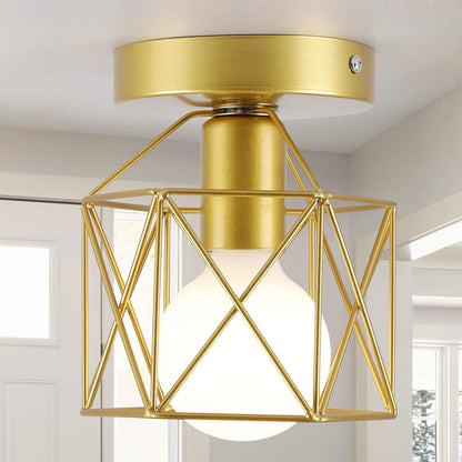 Qcyuui Gold Retro Metal Cage Industrial Vintage Ceiling Lights, Semi-Flush Mount Ceiling Lighting Fixture for Hallway, Dining Room, Bedroom, Balcony, Kitchen, Farmhouse Indoor Lighting, 2 Pack