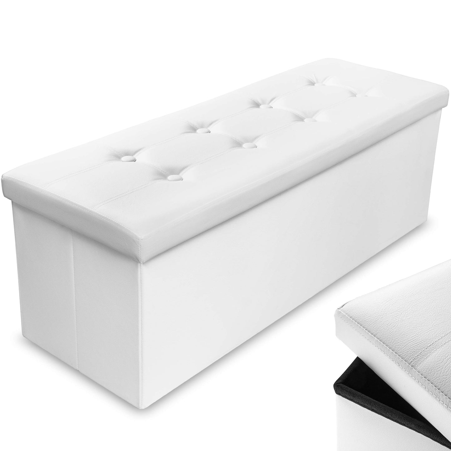 Nyxi Faux Leather 110 * 38 * 38cm White Ottoman Foldable Storage Boxes Seat Foot Stool Storage Box with Lids for Kids Toys, Bedroom, Hallway, Living Room…