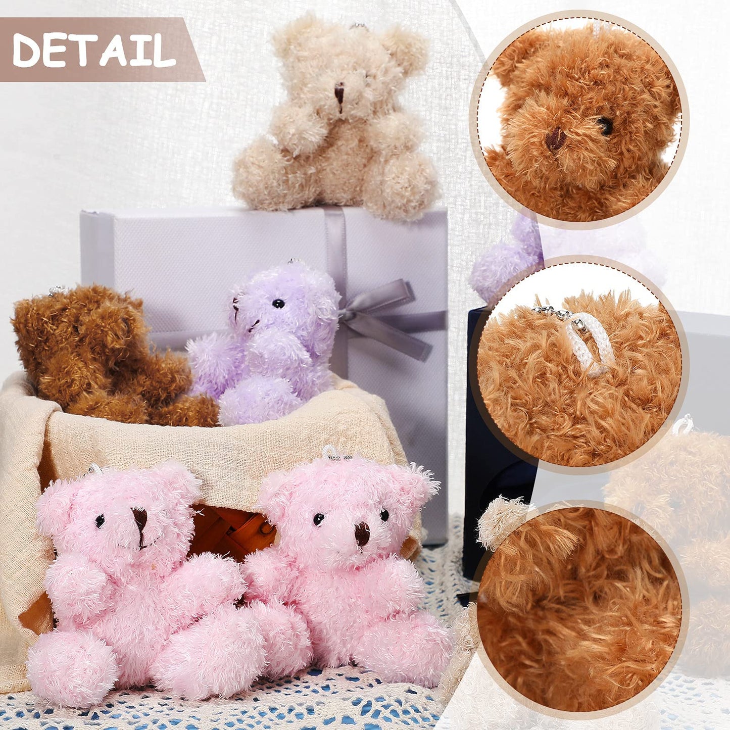 Plush Teddy Bear Pendant, Mini Plush Animal Soft Bear Doll Toys for Keychain Bag DIY Decorations, Birthday Wedding Graduation Gifts, Gift Box Filled Party Decorations (Brown, Apricot, Pink, Purple)