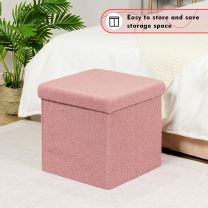 PINPLUS Storage Ottoman Foot Rest Stool, White Folding Sherpa Ottoman, Ottoman with Storage, Teddy Velvet Ottoman for Living Room, Bedroom, Dorm, 16.5" x 12.6" x 12.6"