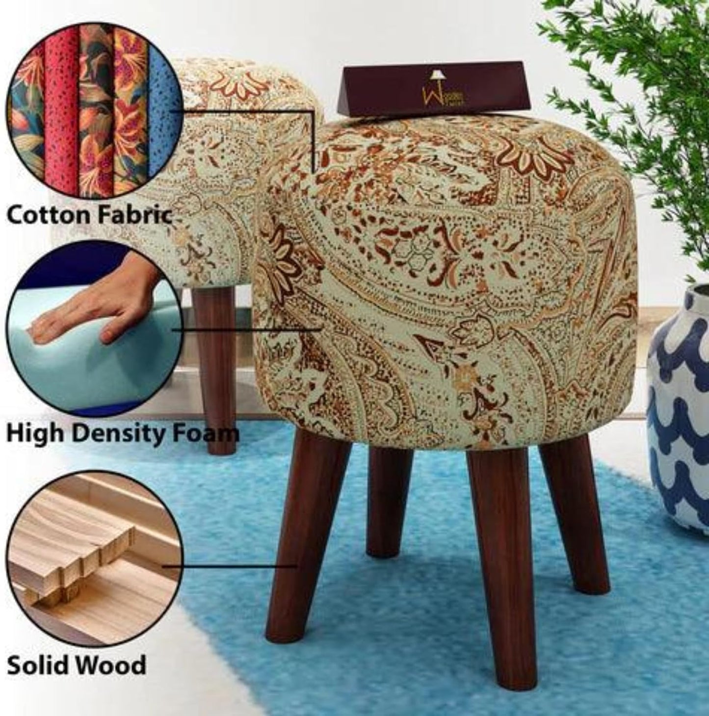 Wooden Twist Puffy Ottoman Stool for Living Room (Beige)