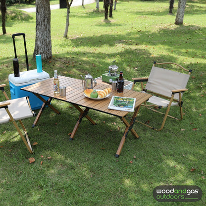 Roll Up Aluminum Folding Table – Heavy Duty and Portable for Picnic, Camping, Beach, Graden, Outdoor Events – Lightweight Foldable Low Dining Table with Carry Bag – Size 120 x 60 cm, H: 54 - Brown