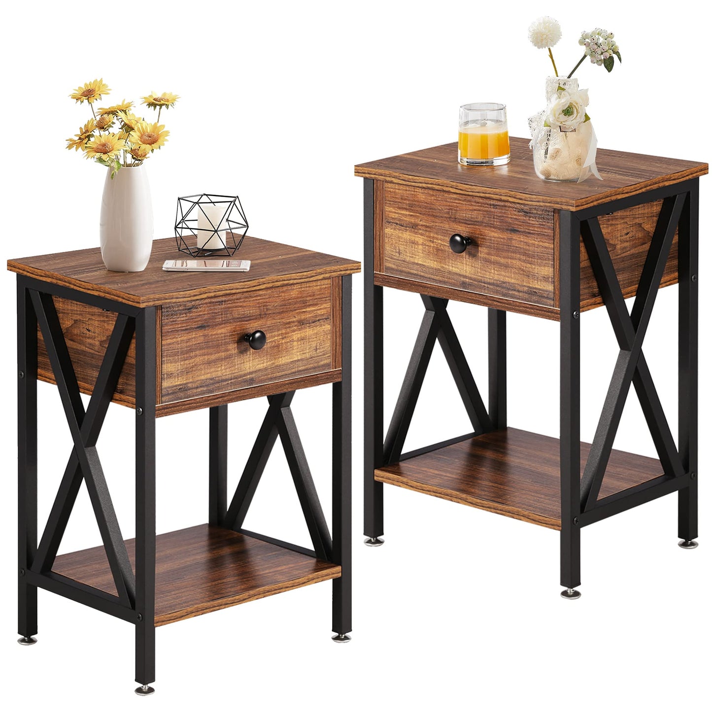 VECELO Modern Versatile Nightstands X-Design Side End Table Night Stands for Bedroom Nightstand Bedside End Tables with Drawer Storage, Rustic Brown Bedroom