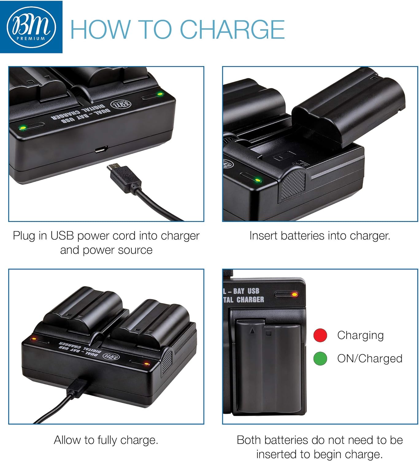 BM Premium 2 Pack of EN-EL15B Batteries and Dual Battery Charger for Nikon Z6, Z7, D850, D7500, 1 V1, D500, D600, D610, D750, D800, D800E, D810, D810A, D7000, D7100, D7200 Digital Cameras