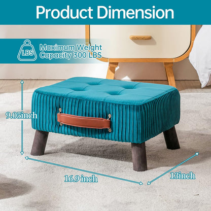 Small foot stool ottoman, Beige PU leather rectangle ottoman footrest, bedside step stool with wood legs, small Rectangular stool, foot rest for couch, small ottoman for desk, living room, bedroom