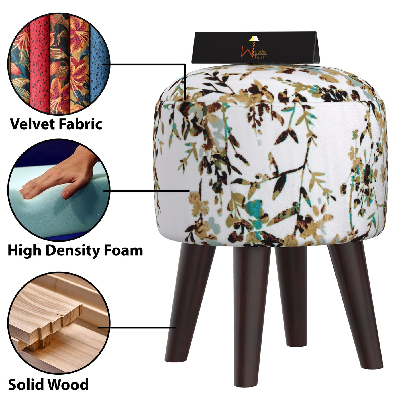 Wooden Twist Puffy Ottoman Stool for Living Room (Beige)