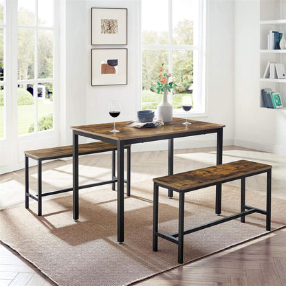 Vasagle Dining Table With 2 Benches, 3 Pieces Set, Kitchen Table Of 110 X 70 X 75 Cm, 2 Benches Of 97 X 30 X 50 Cm Each, Steel Frame, Industrial Design, Rustic Brown And Black Kdt070B01