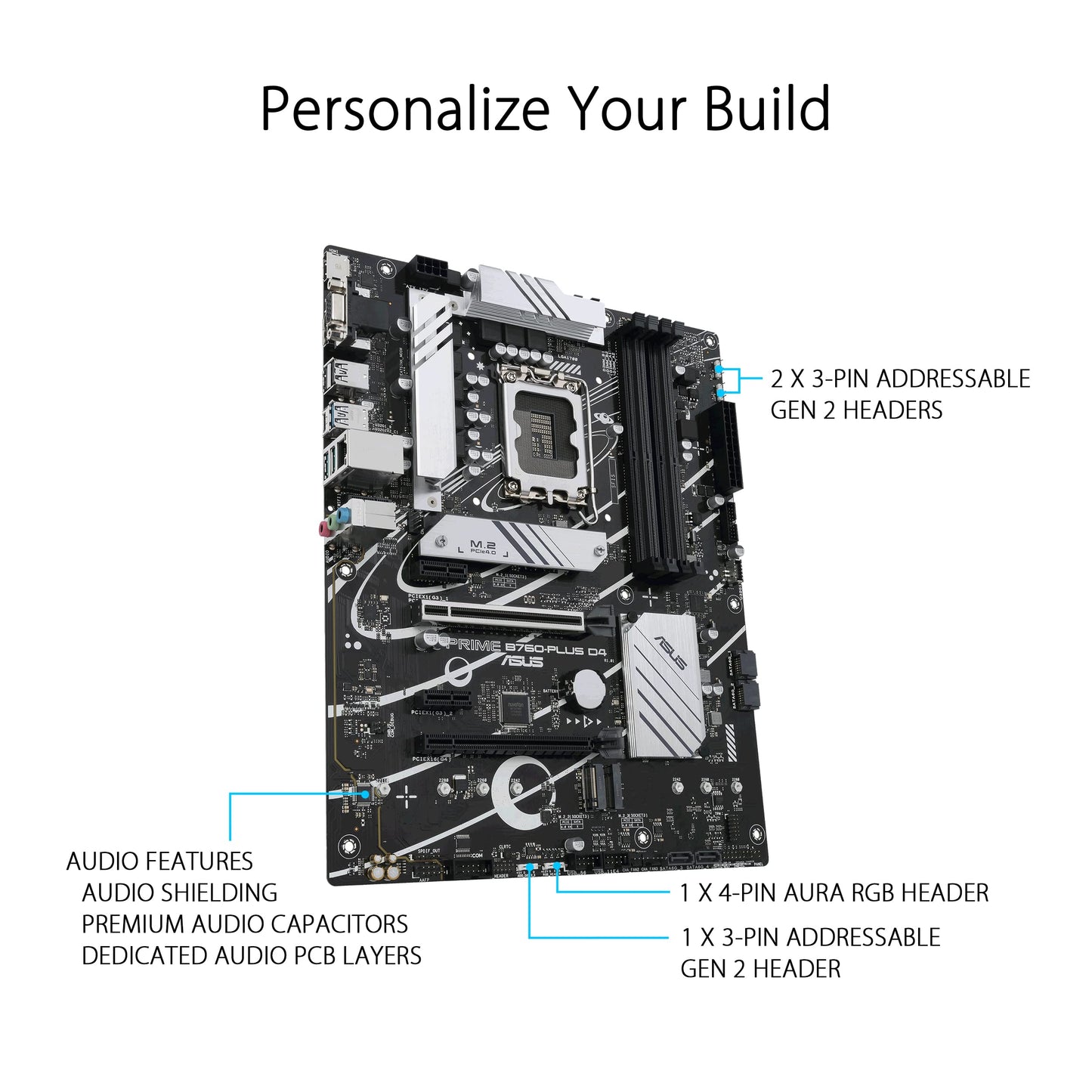 ASUS PRIME B760-PLUS D4 ATX Motherboard, LGA1700, Intel B760 Chipset, 4xDDR4 Slot, Max 128GB, PCle 5.0, 2.5Gb Ethernet, Fan Xpert 2+, Aura Sync, DP/VGA/HDMI