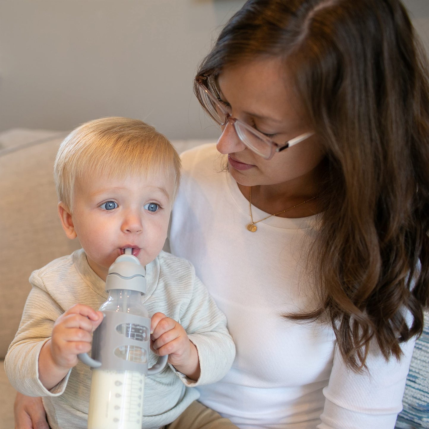 Dr. Brown’s® Milestones™ Narrow Sippy Straw Bottle with 100% Silicone Handles, 8oz/250mL, Gray & Blue, 2 Pack, 6m+