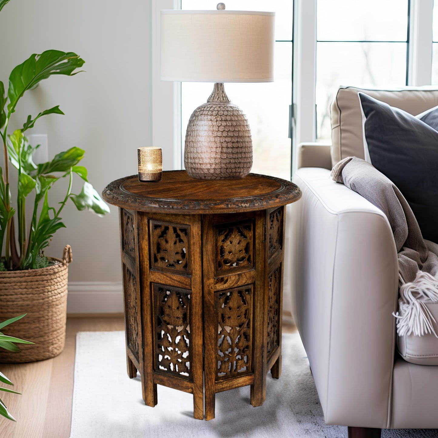 COTTON CRAFT Solid Wood Accent End Table - Hand Carved Vintage Boho Folding Side Table - Small Spaces Entryway Farmhouse Living Room Bedside - No Tools Assembly -18x18 Round - Jaipur Antique Brown