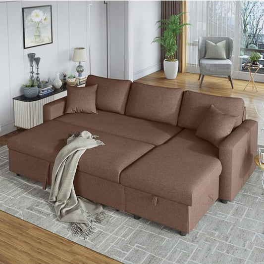 furniture Sofa Cum Bed With Cushions L-Shaped Storage Space (Brown)