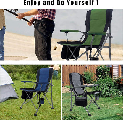 Jorunb Camping Chair for Adults Heavy Duty Outdoor Patio Lawn Chairs Support 350 LBS High Back Padded Oxford with Armrests, Storage Bag, Cup Holder for Fishing, Camping, Foldable (green)