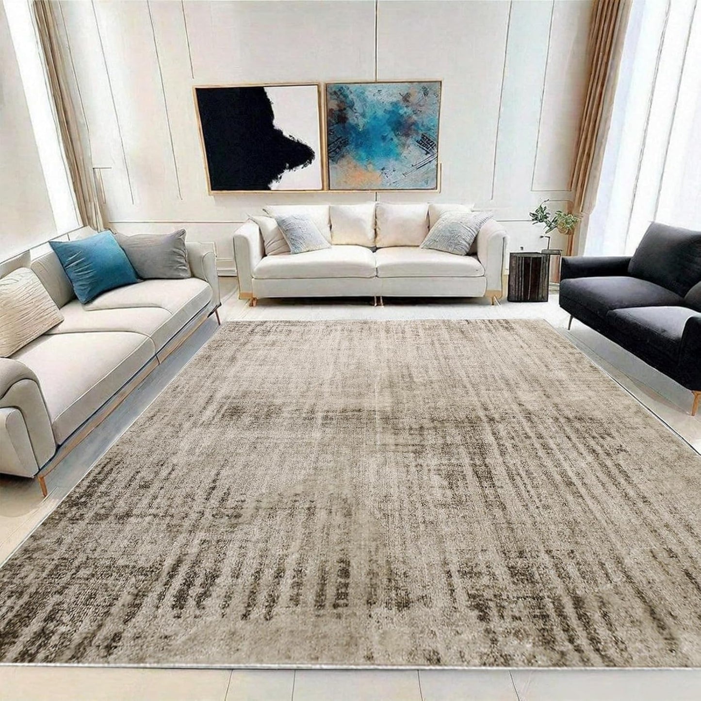 Calore Abstract Area Rugs Modern Carpet Soft Living Room Rug Large Washable Shaggy Rugs for Living Room Bedroom Dining Room Indoor Home Decor (Abstract Beige Grey/Light Brown, 120 x 160 cm)