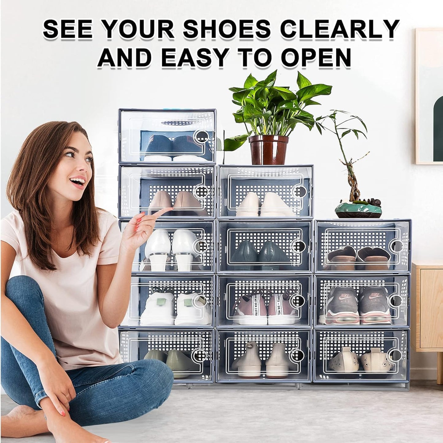 Shoe Storage Boxes, Shoe Storage Organzier, Foldable Shoes Boxes Clear Plastic Stackable, Shoes Organzier, Sturdy Shoe Box Storage Container, Foldable Shoe Rack Sneaker Container (3layer)