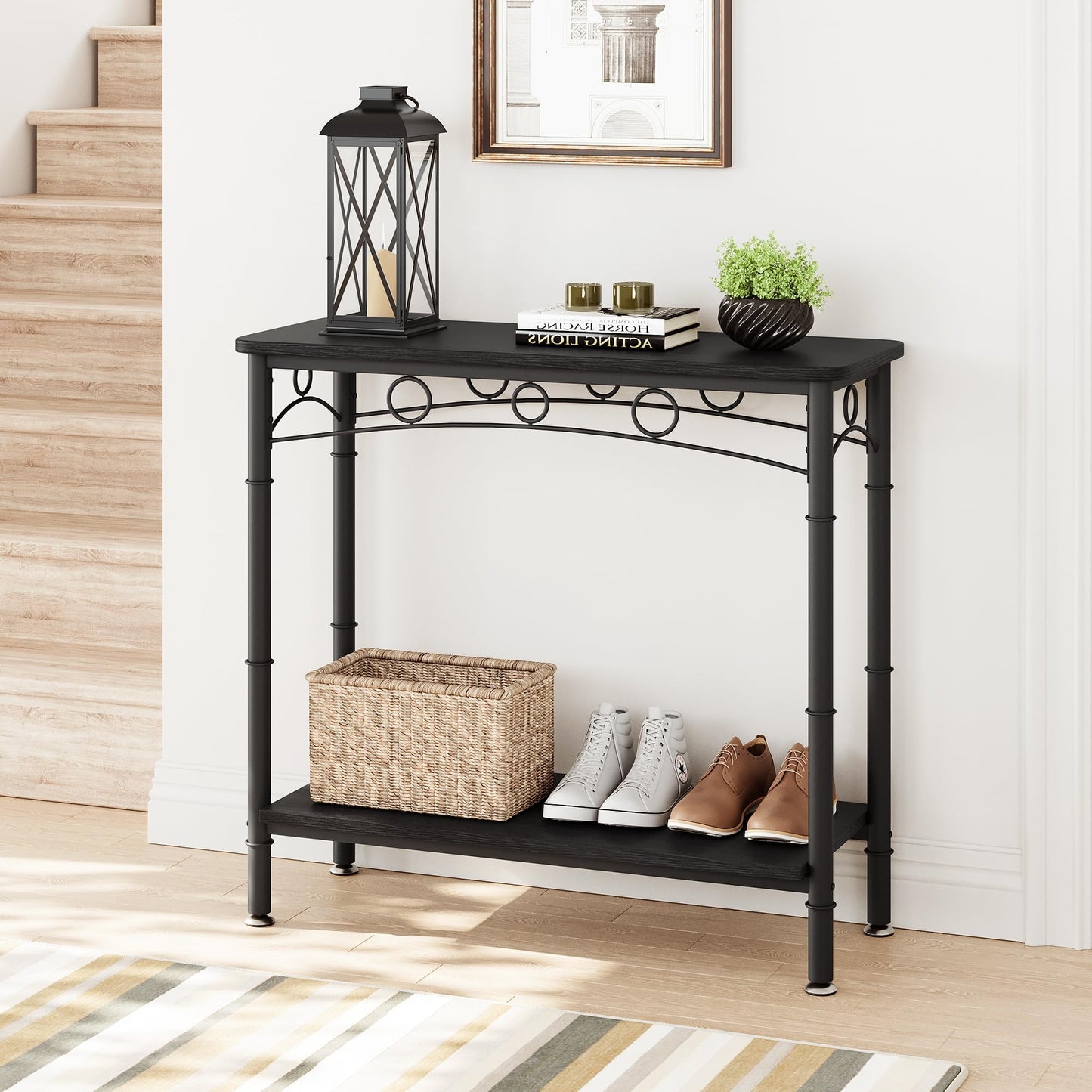 IDEALHOUSE 2024 New Console Table, 31.5" L x 11.8" W x 31.8" H Retro Sofa Table with Storage, 2 Tier Behind Couch Table for Living Room, Entryway, Hallway, Foyer-Black-Vintage Design and Versatile Use