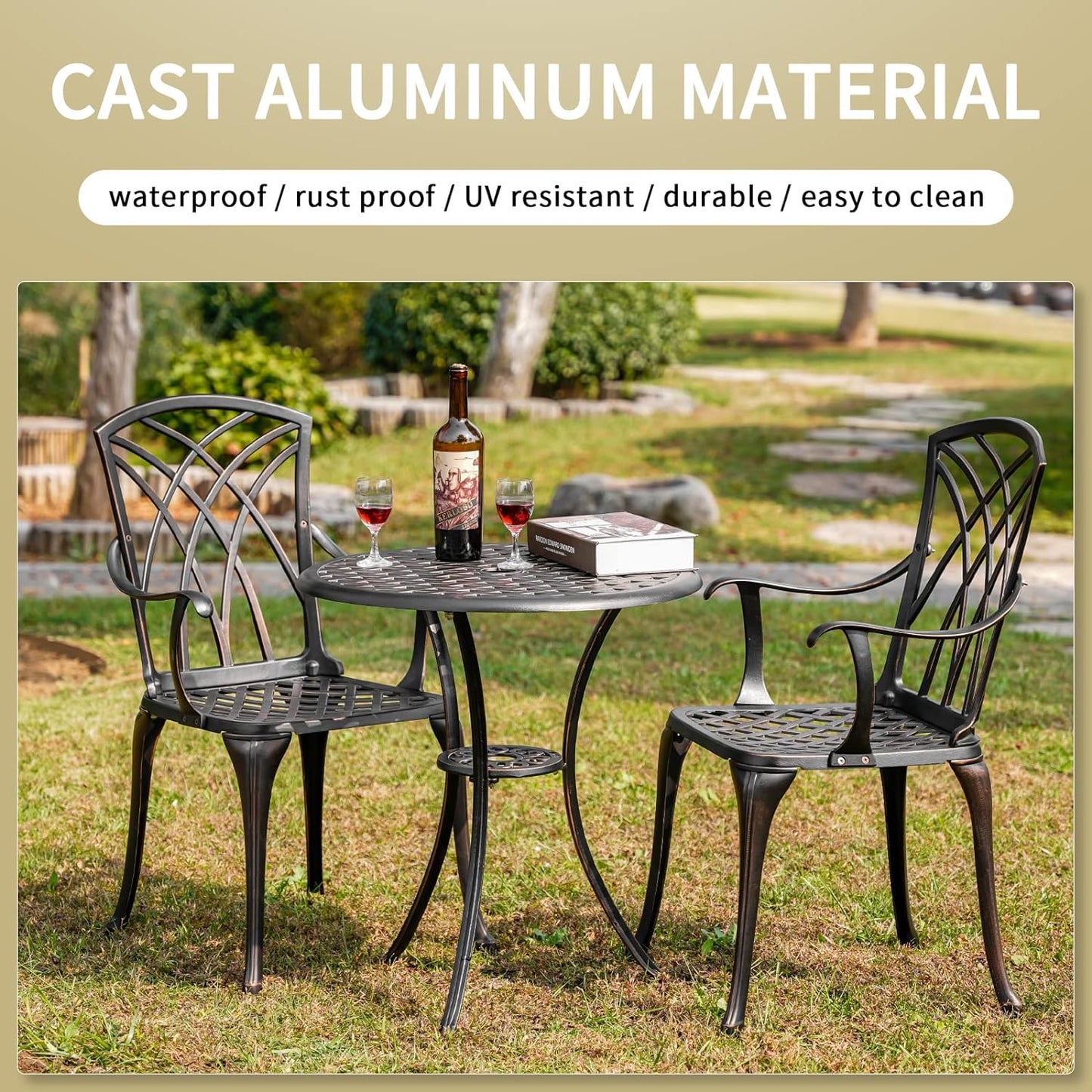 Withniture Bistro Set 3 Piece Outdoor Bistro Table and Chairs Set of 2, Cast Aluminum Patio Bistro Sets with Umbrella Hole, All Weather Bistro Table Set for Garden, Front Porch, Balcony (Bronze)