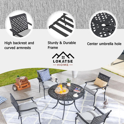 LOKATSE HOME 5 PCS Outdoor Patio Dining Set 4 Armchair with Cushions and 1 Round Table with 2.04" Umbrella Hole, Khaki