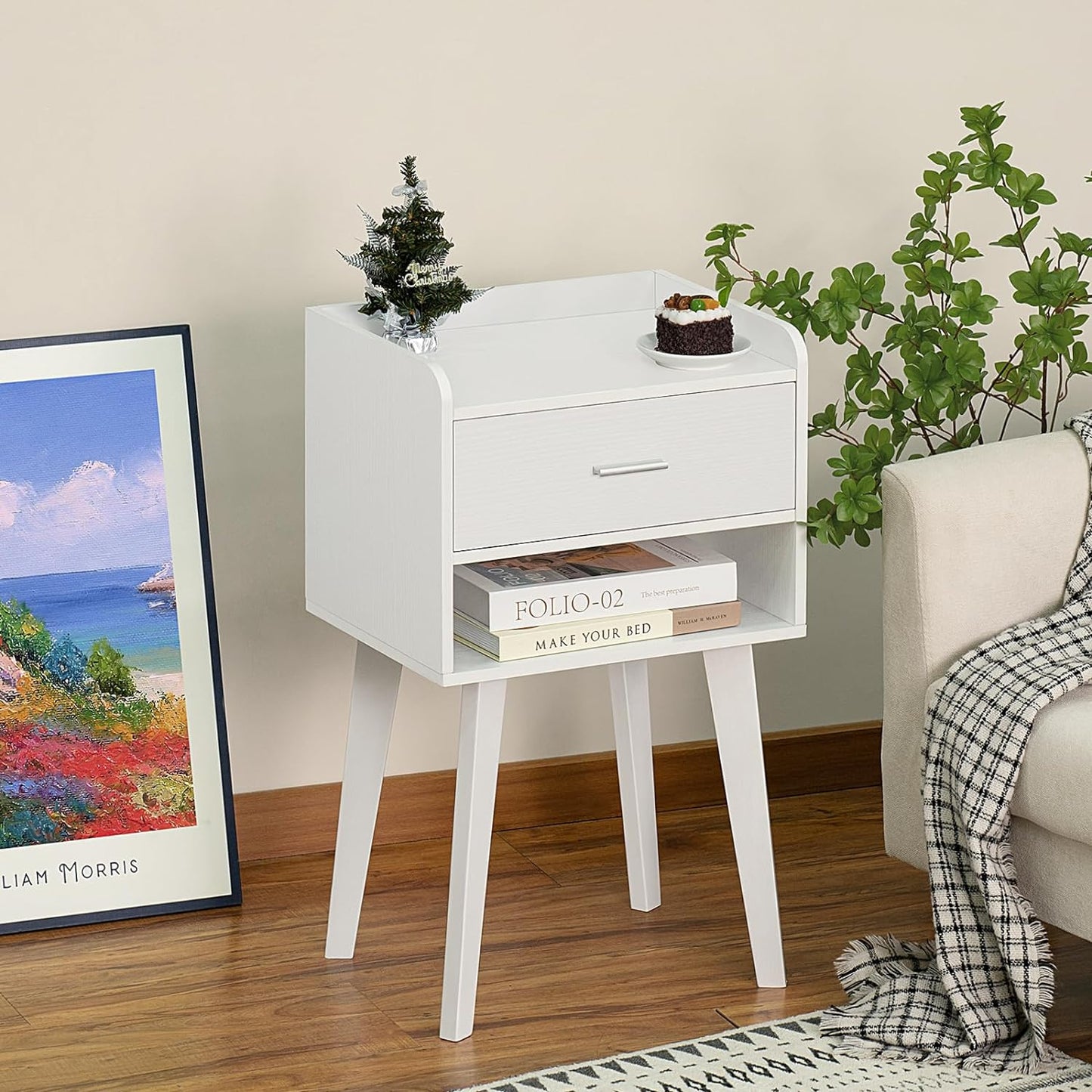 White Nightstand, Bed Side Table with Drawer Open Shelf, Wood Nightstands, End Table with Storage, Mid Century Night Stands for Bedrooms/Living Room/Office 26.38''H