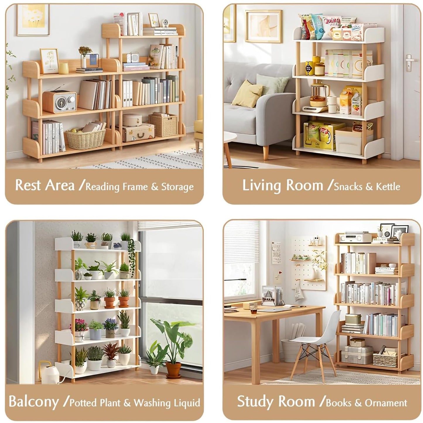 U-HOOME 4-Tier Open Bookshelf -Freestanding Bookcase,Book Shelf Book Rack,Wood Storage Shelves Display Stand with Top Edge and Solid Wood Frame for Living Room,Home Office,Storage Cabinet