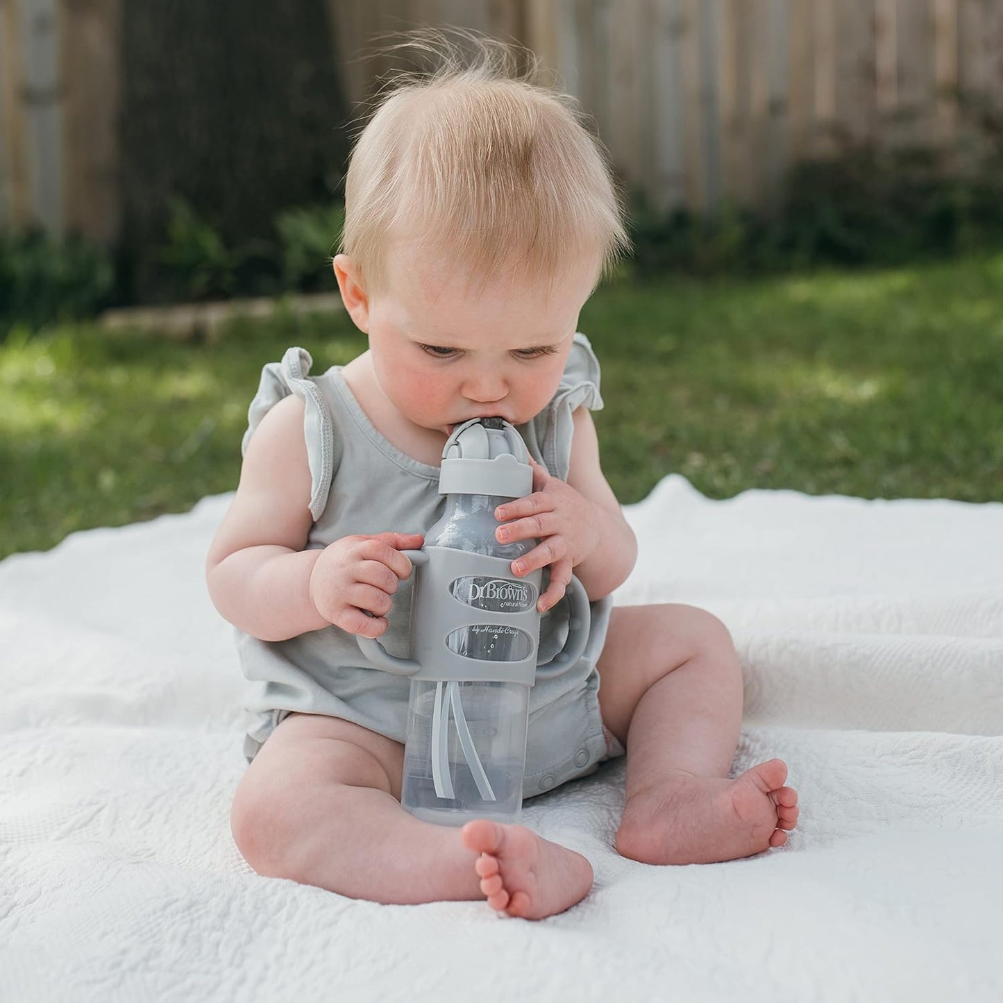 Dr. Brown’s® Milestones™ Narrow Sippy Straw Bottle with 100% Silicone Handles, 8oz/250mL, Gray & Blue, 2 Pack, 6m+