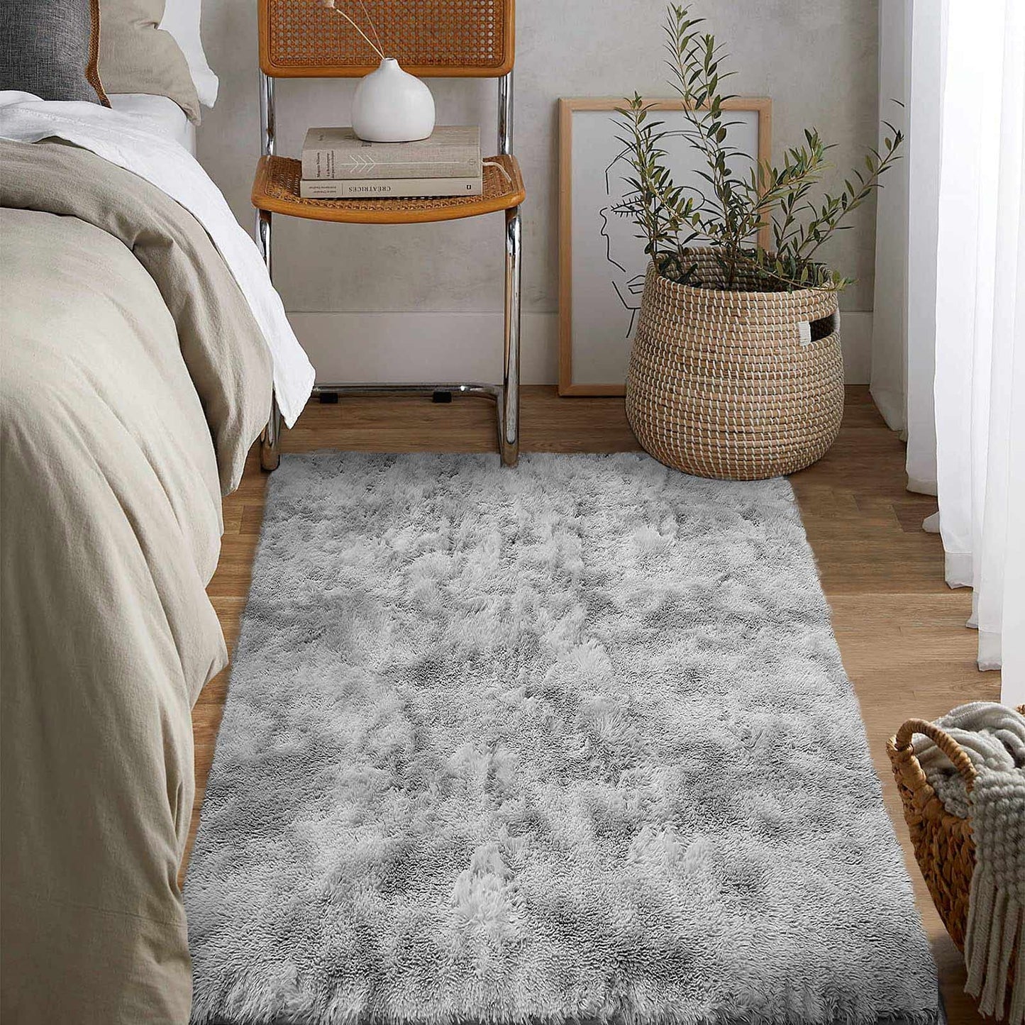 Leesentec Area Rugs Soft Fluffy Carpets For Living room Shaggy Rug Modern Area Rug For Bedroom Anti-Slip Rugs For Kids Room Indoor Home Decorative Carpet (Black Grey, 185 x 185 cm)