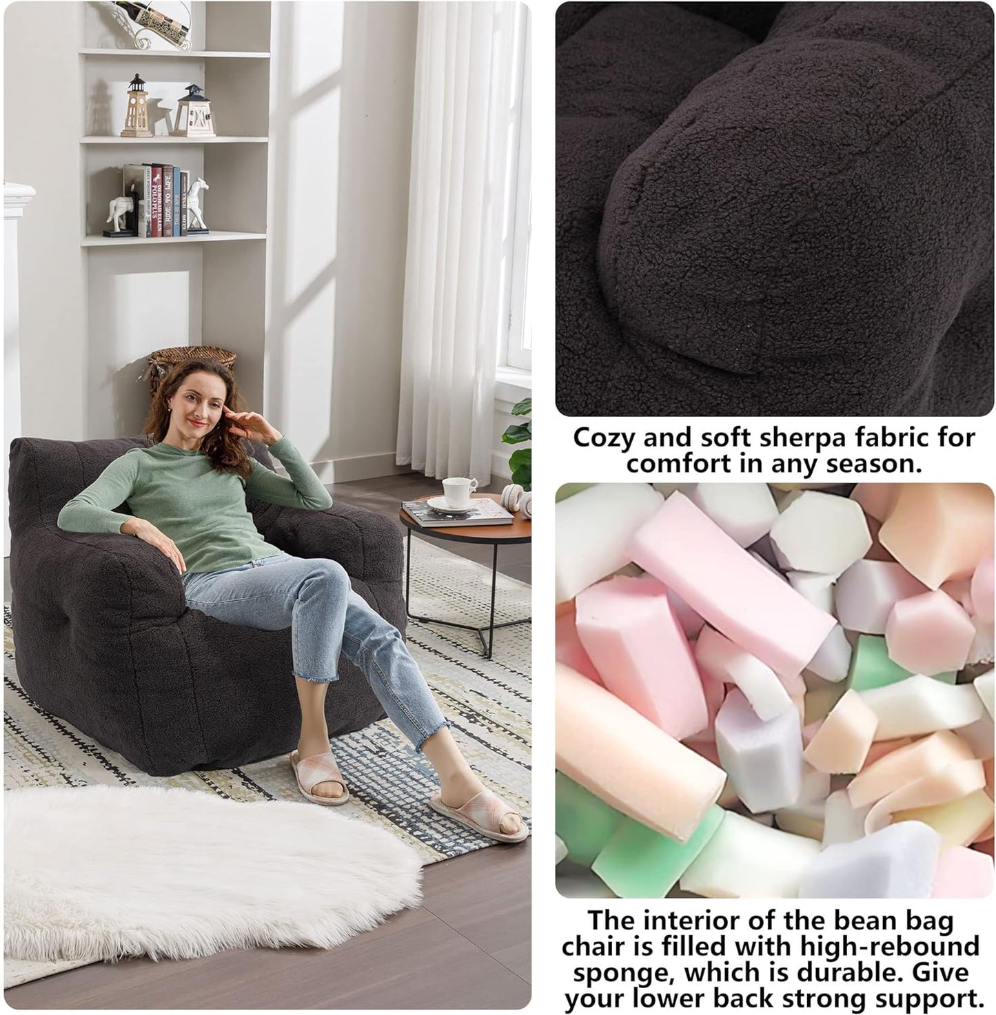 Recaceik Bean Bag Chairs, Tufted Soft Stuffed Bean Bag Chair with Filler, Fluffy Lazy Sofa, Imperial Lounger Giant Bean Bag Chair for Bedroom, Living Room, Dark Black