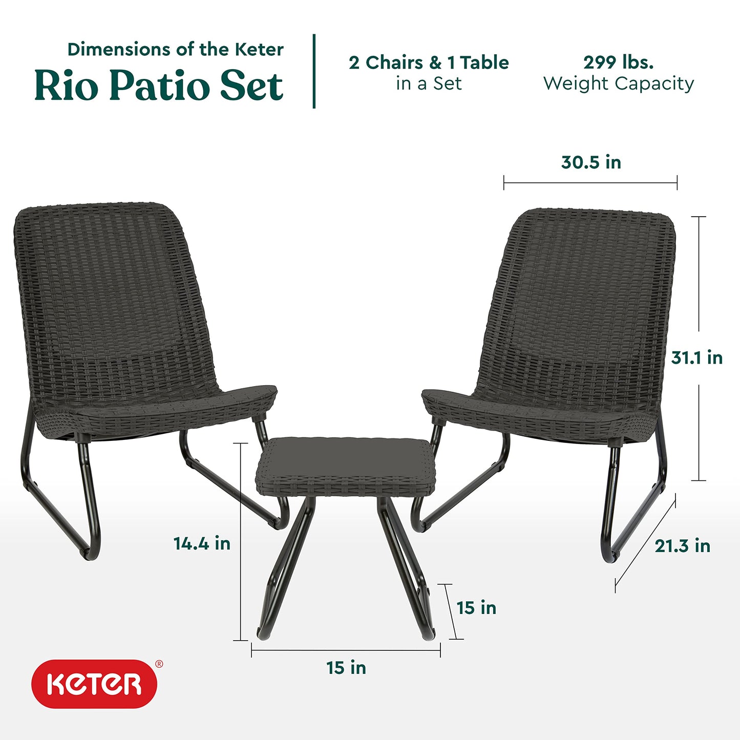 Keter Rio 3 Piece Resin Wicker Patio Furniture Set with Side Table and Outdoor Chairs, Brown