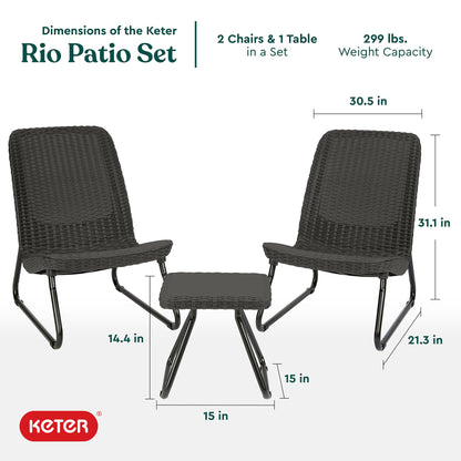 Keter Rio 3 Piece Resin Wicker Patio Furniture Set with Side Table and Outdoor Chairs, Brown