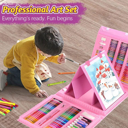 IS MUHE 209 pcs art supplies, children's drawing art set with double-sided tri-fold easel box, with oil pastels, crayons, colored pencils, paintbrushes, watercolor brushes, etc. (Pink)