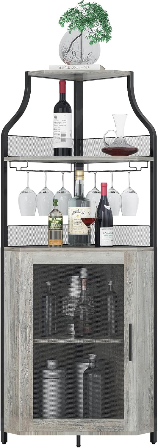 IDEALHOUSE Corner Wine Bar Cabinet with Detachable Wine Rack, Bar Cabinet with Glass Holder, Small Sideboard and Buffet Cabinet with Mesh Door (Grey)