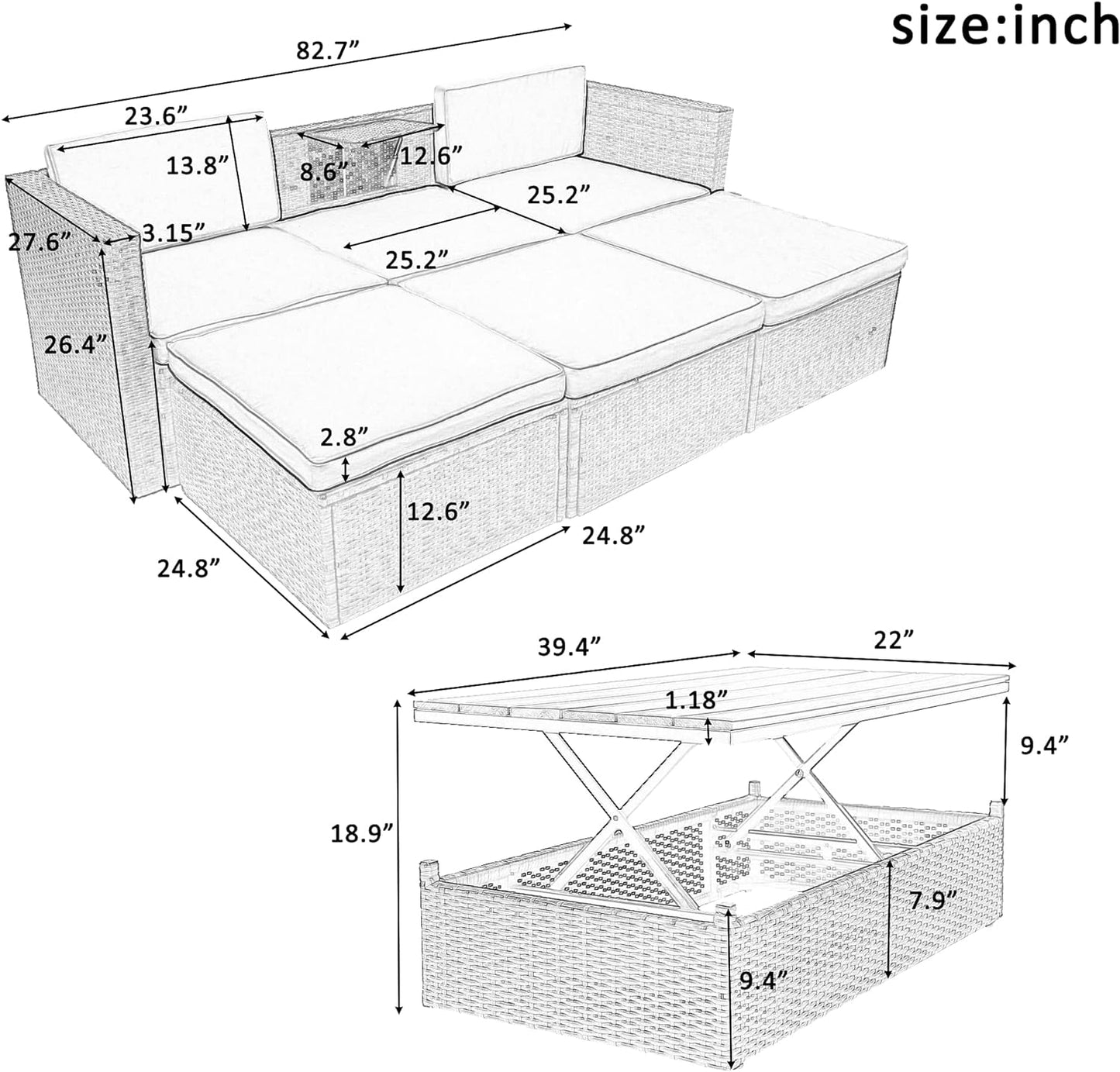 Morhome 5 Pieces Patio Furniture Sets All Weather Wicker Rattan Sectional Sofa Outdoor Conversation with Adustable Backrest, Cushions, Ottomans and Lift Top Coffee Table for Poolside, Garden, Backyard