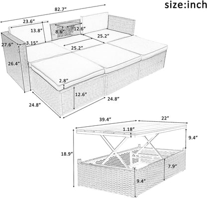 Morhome 5 Pieces Patio Furniture Sets All Weather Wicker Rattan Sectional Sofa Outdoor Conversation with Adustable Backrest, Cushions, Ottomans and Lift Top Coffee Table for Poolside, Garden, Backyard