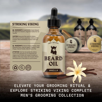 Vanilla Beard Oil (Large 2 oz.) - 100% Natural Beard Conditioner with Organic Tea Tree, Argan, and Jojoba Oil with Vanilla Scent - Softens, Smooths, and Strengthens Beard Growth by Striking Viking